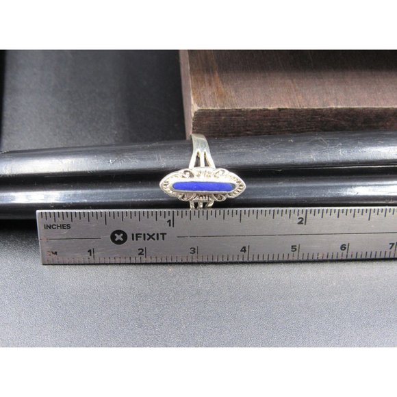 Size 5.25 Sterling Silver Tarnished Thin Blue Inlay Band Ring Vintage Statement - Picture 6 of 7